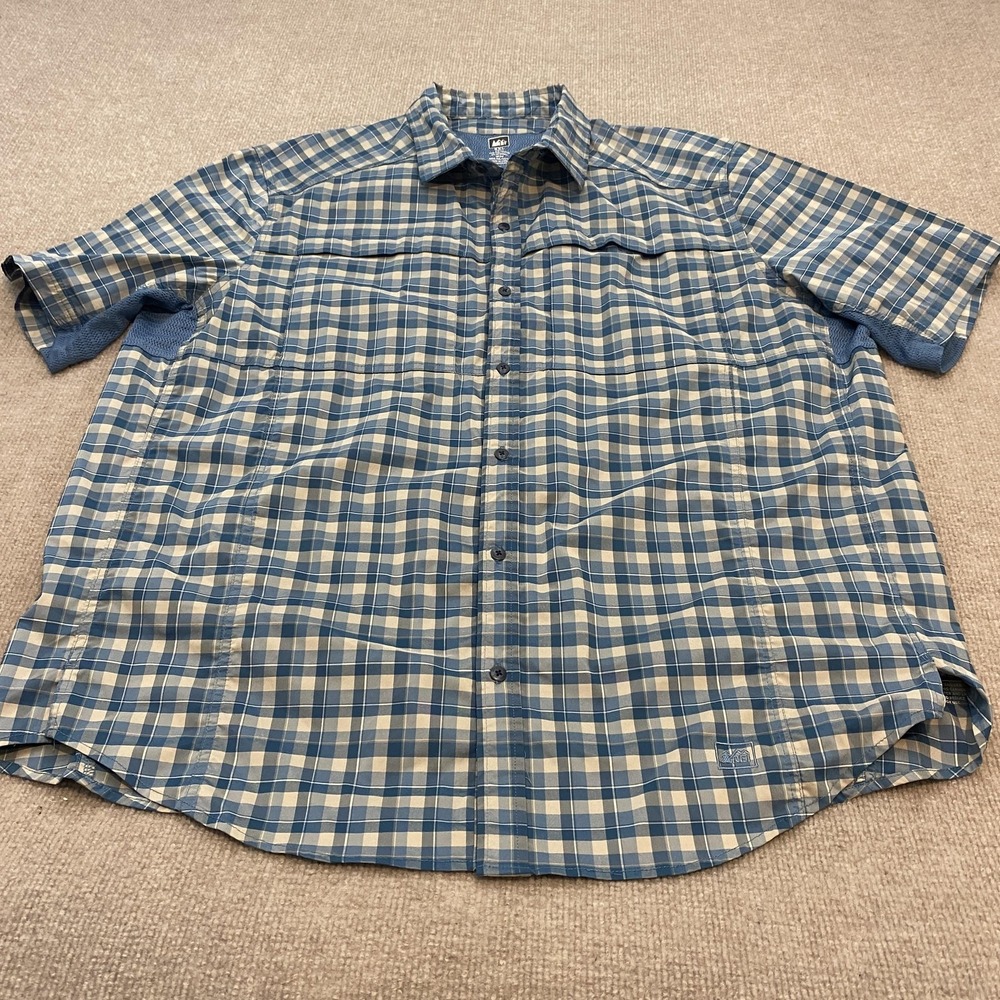 REI Shirt Mens 2XL Blue Plaid Short Sleeve Button Up Stretch Outdoor Gorpcore